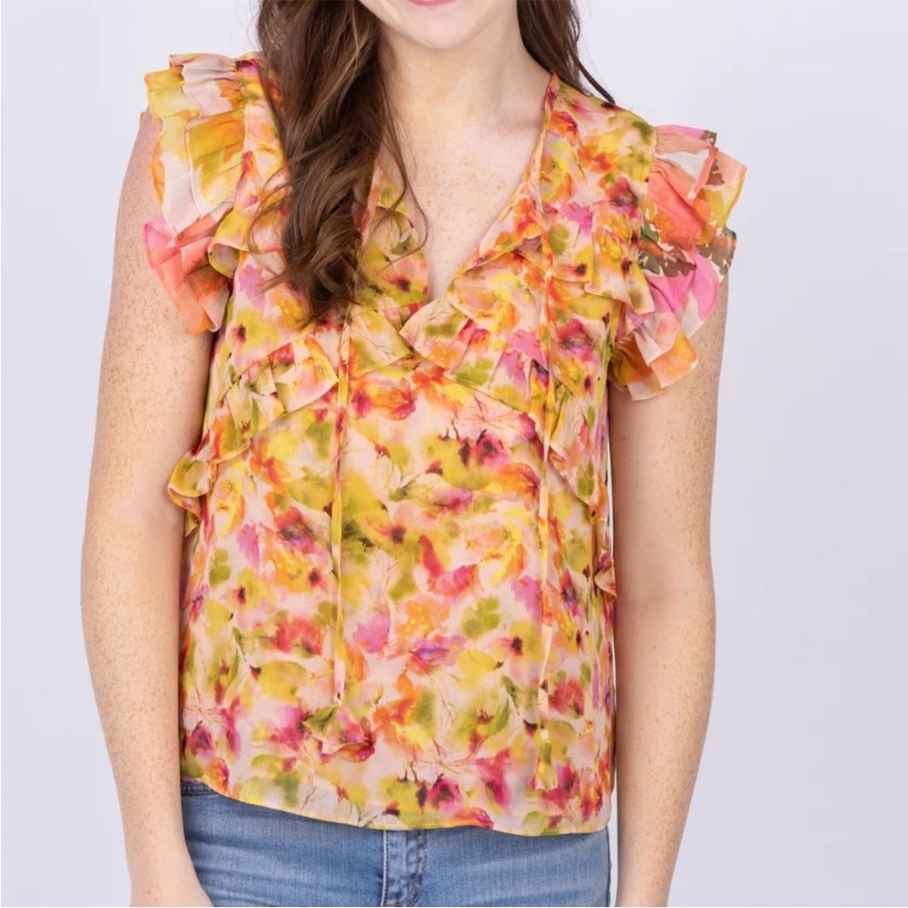 NWT Misa Los Angeles Multicolor Floral Ruffle Blouse Size XS